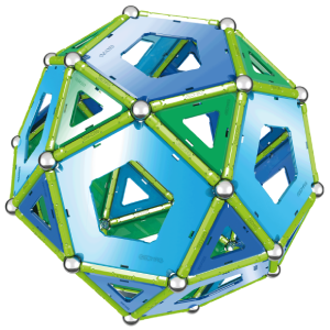 Sphère 3D construite en Geomag avec des barrettes magnétiques, des sphères métalliques et des panels colorés lors d’un atelier Mag4play à Lyon, dans le Rhône, en Rhône-Alpes et en Suisse romande.