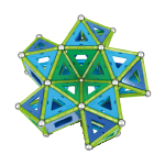 Construction en Geomag en forme de rosace réalisée avec des barrettes magnétiques, des sphères métalliques et des panels colorés lors d’un atelier Mag4play à Lyon, dans le Rhône, en Rhône-Alpes et en Suisse romande.