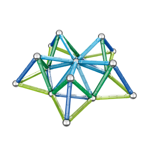 Structure Geomag représentant une étoile en 3D coupée en deux ou une demi-étoile symétrique, construite avec des barrettes magnétiques et des sphères lors d’un atelier Mag4play à Lyon, dans le Rhône, en Rhône-Alpes et en Suisse romande.