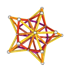 Étoile en 3D complexe construite avec des barrettes magnétiques et des sphères Geomag, suspendue ou posée lors d’un atelier Mag4play à Lyon, dans le Rhône, en Rhône-Alpes et en Suisse romande.