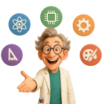 Plan américain de "Prof Mag" souriant, tendant le bras vers l'avant (main ouverte) avec les icônes STAIM flottant au-dessus de lui lors d'un atelier Mag4play à Lyon, dans le Rhône, en Rhône-Alpes et en Suisse romande.