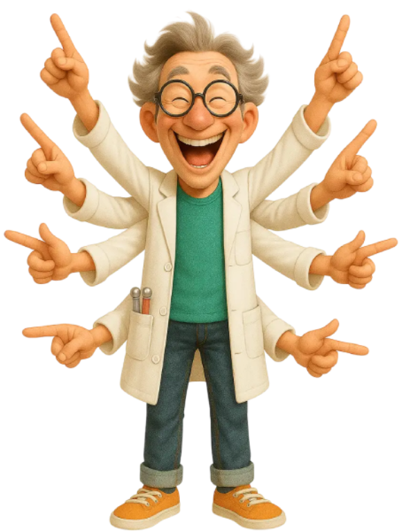 Illustration dynamique du Prof Mag, le personnage fétiche de Mag4play, ouvrant les bras avec enthousiasme dans toutes les directions. Dans chaque main et autour de lui, des barrettes Geomag et des billes d'acier semblent flotter, pointant vers différents univers : les anniversaires, le team building, les seniors et les écoles. Cette image pleine d'énergie symbolise la polyvalence des ateliers et la force d'attraction du magnétisme qui relie toutes les générations à Lyon et en Suisse