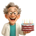 Plan moyen de "Prof Mag" souriant, tenant un gâteau d'anniversaire allumé d'une main lors d'un atelier créatif Mag4play à Lyon, dans le Rhône, en Rhône-Alpes et en Suisse romande.