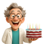 Plan moyen de "Prof Mag" souriant, tenant un gâteau d'anniversaire allumé d'une main lors d'un atelier créatif Mag4play à Lyon, dans le Rhône, en Rhône-Alpes et en Suisse romande.