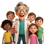 Plan large de "Prof Mag" entouré d’un groupe d'enfants de 6 à 10 ans enthousiastes lors d’un atelier de construction magnétique dans un centre de loisirs à Lyon, dans le Rhône, en Rhône-Alpes et en Suisse romande.