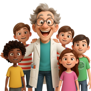 Prof Mag anime un atelier Mag4play dans un centre de loisirs, entouré d’enfants qui construisent ensemble des structures magnétiques Geomag à Lyon.