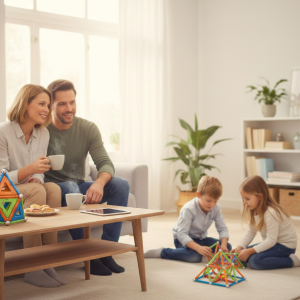 Photographie lifestyle capturant une scène paisible lors d'un anniversaire Mag4play. Au premier plan, deux parents se détendent en discutant, une tasse de café à la main. En arrière-plan, parfaitement net, un groupe d'enfants est assis en cercle autour d'un animateur passionné, tous captivés par la création de structures magnétiques Geomag à Lyon ou en Suisse romande