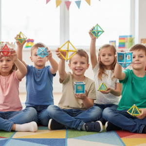 Photographie créative en haute définition d'un groupe d'enfants (5-9 ans) assis sur un tapis coloré, chacun présentant avec fierté sa propre construction géométrique en Geomag. Leurs expressions reflètent l'imagination et la satisfaction personnelle lors d'un atelier anniversaire Mag4play à Lyon, dans le Rhône ou en Suisse romande