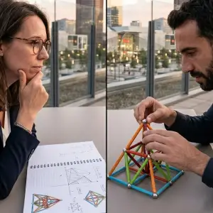 Montage montrant une salariée en réflexion et un salarié manipulant des Geomag avec le sourire pendant un team building Mag4Play à Lyon