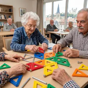 Groupe de seniors manipulant des barrettes magnétiques Geomag lors d'un atelier cognitif Mag4Play dans une résidence seniors à Lyon