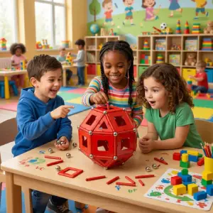 Groupe d'enfants utilisant des Geomag pendant un atelier Mag4Play à Lyon avec une grande construction magnétique au premier plan