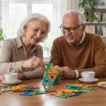 Couple de seniors manipulant des Geomag lors d'un atelier cognitif Mag4Play dans un EHPAD à Lyon
