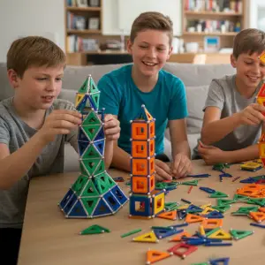 Groupe d'enfants construisant des tours en Geomag lors d'un atelier périscolaire Mag4Play à Lyon