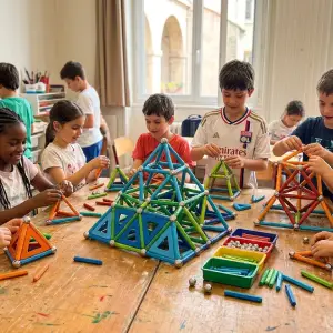 Enfants construisant une pyramide Geomag lors d'un atelier Mag4Play dans un centre de loisirs de la métropole de Lyon.