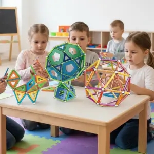 Groupe d'enfants participant à un atelier de construction magnétique Mag4Play avec des réalisations Geomag sur leurs tables à Lyon