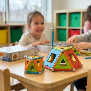 Deux enfants participent à un atelier Mag4Play dans un centre de loisirs avec des constructions Geomag au premier plan.