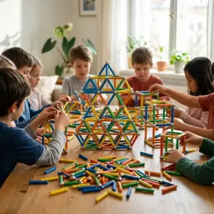 Filles et garçons jouent ensemble avec des pièces Geomag lors d'un atelier anniversaire Mag4Play.