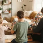 Trois enfants d'âges différents jouent avec des constructions Geomag pendant un atelier anniversaire Mag4Play.