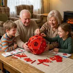 Couple de seniors, un garçon de 8 ans et une fille de 9 ans participant à un atelier intergénérationnel Mag4Play avec des constructions magnétiques Geomag dans une résidence seniors à Lyon