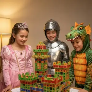 Des enfants déguisés admirent leur construction magnétique de château fort réalisée avec des pièces Geomag lors d'un atelier Mag4Play à Lyon.
